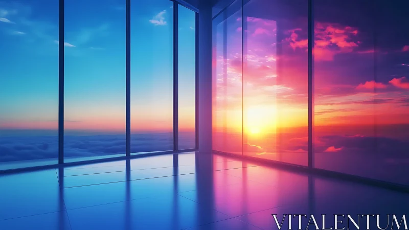 Panoramic glass interior captures high-altitude sunset gradient
