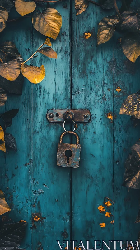 Weathered teal door with padlock and surrounding foliage.