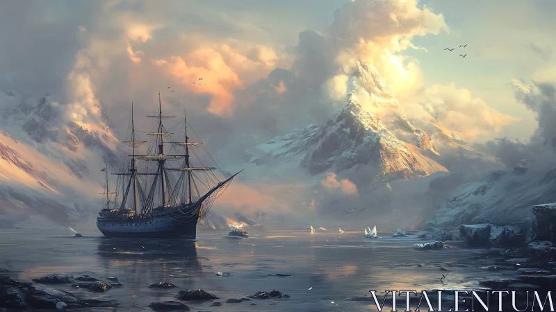 Tall ship anchored in icy fjord beneath glowing peaks.