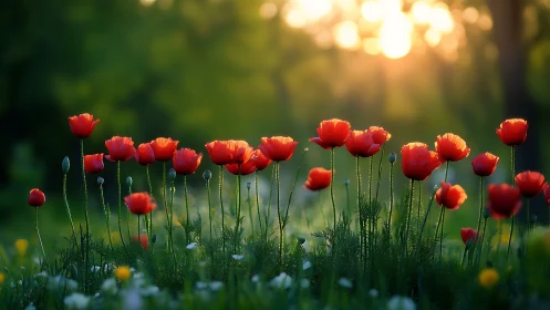 Poppy meadow at sunrise with shallow depth-of-field rendering.