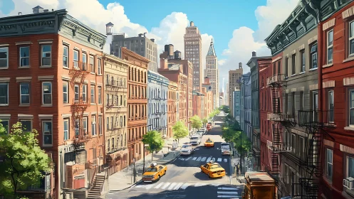 Colorful city street with taxis and historic brick buildings.