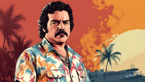 Tropical crime boss portrait against blazing sunset sky