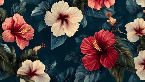 Hibiscus Florals Against Deep Teal Background.