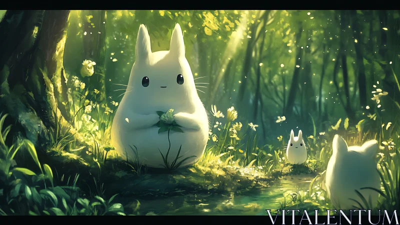 Gentle forest creatures share a quiet moment in golden light