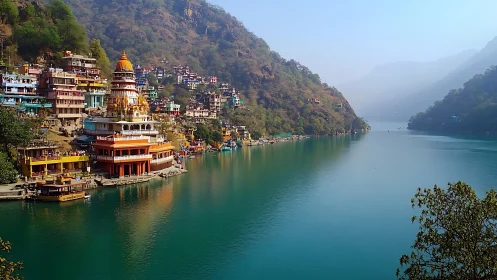 Colorful riverside temple town beside calm turquoise water.