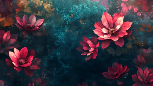 Digital composition of red flowers against teal and amber textured background layers