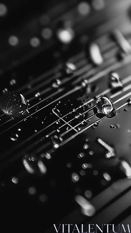 Close-up macro of water drops on sleek black surface.