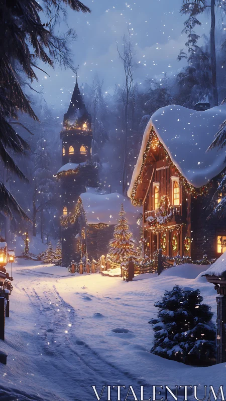 Snowy holiday cottage glows warmly in a quiet winter village