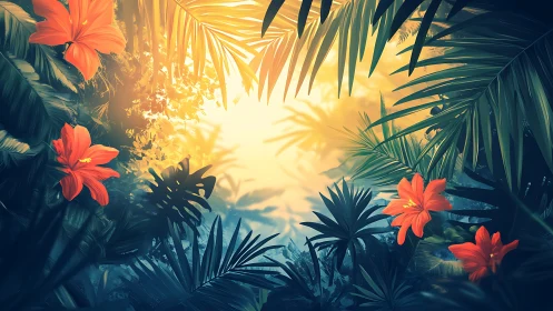 Tropical hibiscus canopy under warm atmospheric backlight.