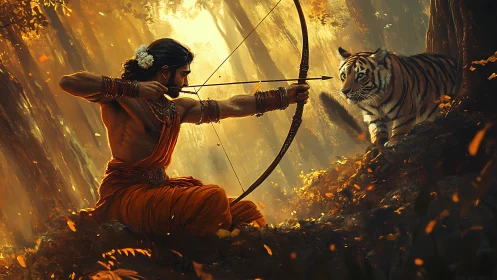 Forest warrior holds still as tiger studies the drawn arrow