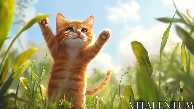 Orange kitten standing in grass field reaching upward