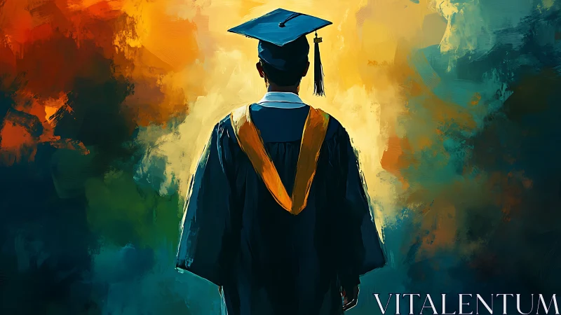 Graduate stands before glowing abstract future portal