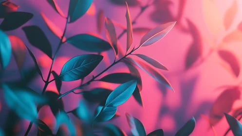 Dreamy teal leaves glow gently against soft pink light