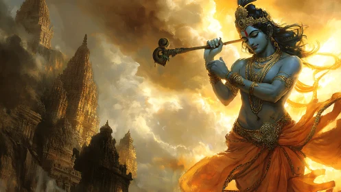 Divine blue musician framed by luminous clouds and temple spires