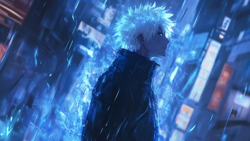 White-haired figure channels blue energy in neon rain alley