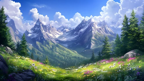 Mountain valley shows wildflower meadow under bright daylight