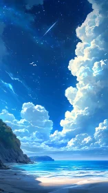 Digital seascape illustrates clouds, shoreline and night sky