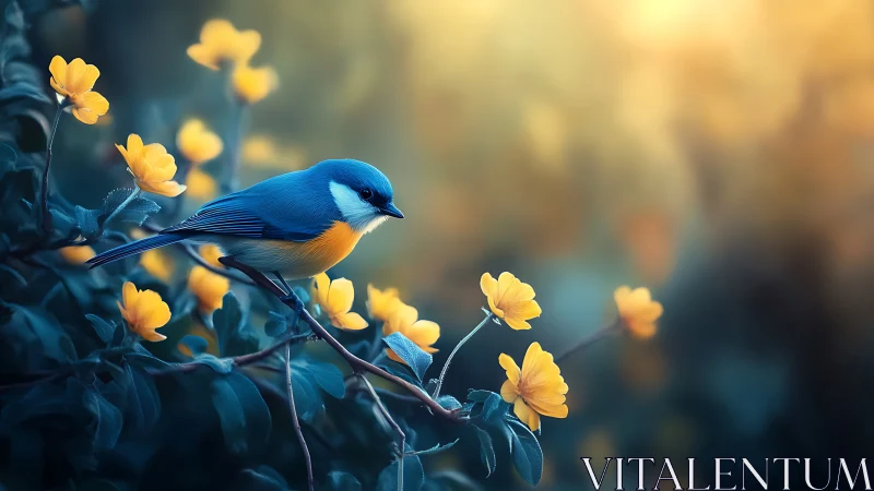 Blue songbird perched on yellow flowers in dreamy soft light.