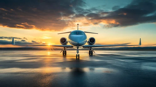 Sleek private jet on wet runway at calm sunset light.