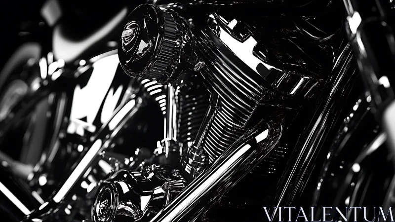 Monochrome close-up isolates chrome motorcycle engine components