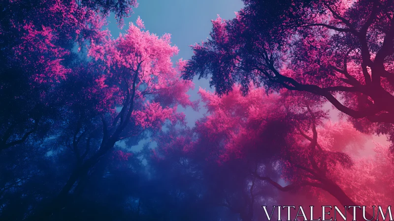 Pink tree canopy viewed from below under blue sky