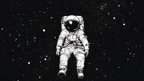 Monochrome astronaut suspended in deep space void illustration
