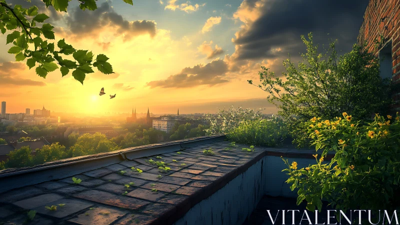 Rooftop garden overlooks sunlit city at golden sunset.