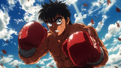 Anime boxer raises red gloves under bright summer sky