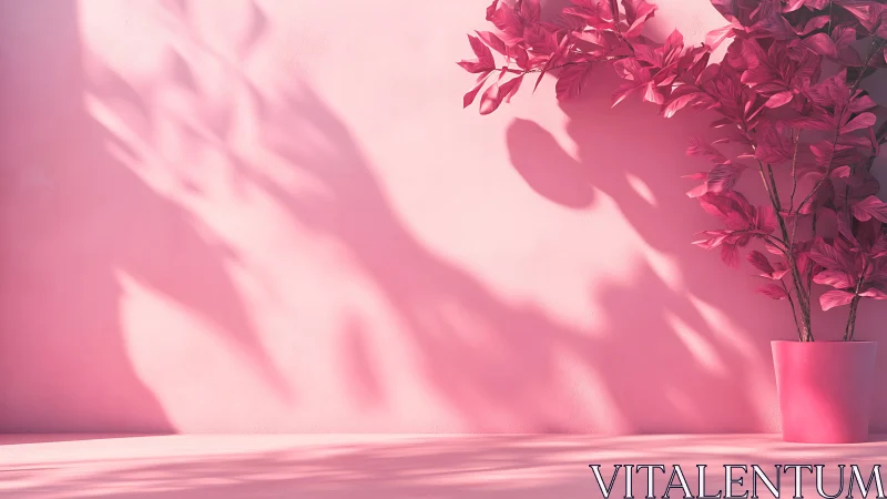 Monochrome pink potted plant casting soft wall shadows.