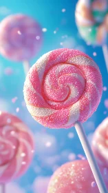Crystalline Spiral Confection: Macro Lollipop Composition Against Azure Background.