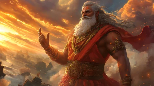 Mythic warrior sage strides through radiant sky temple clouds