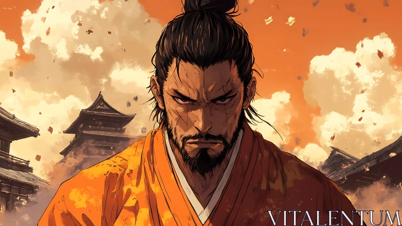 Stoic samurai warrior confronts burning fortress in dusk light