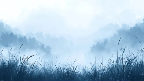 Quiet blue meadow fades into misty forest horizons
