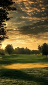 Sunrise-illuminated golf fairway under stratocumulus canopy.