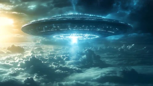 Massive luminous alien mothership hovering above stratoclouds