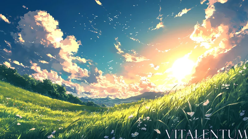 Sunlit hillside meadow under expansive clouded sky.