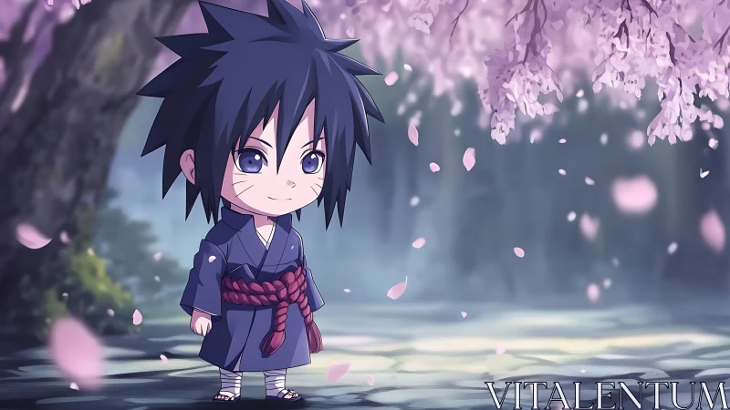 Chibi-style child under pink cherry blossoms outdoors.