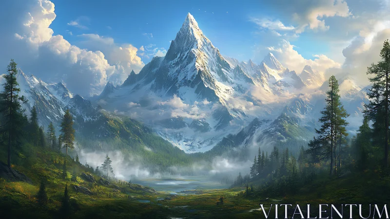 Snow-capped central peak above forested alpine valley.