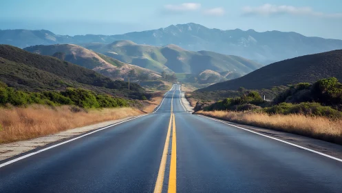 Two-lane highway stretches straight through rolling green hills