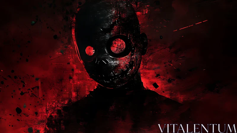 Masked silhouette dissolves into red abstract static