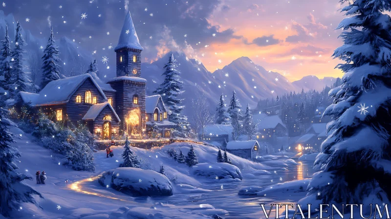 Digital painting of illuminated snowy village at winter dusk.