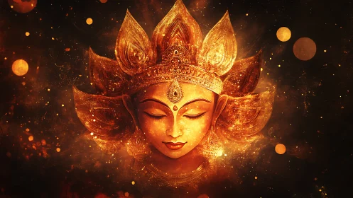 Golden goddess portrait radiates fiery cosmic serenity
