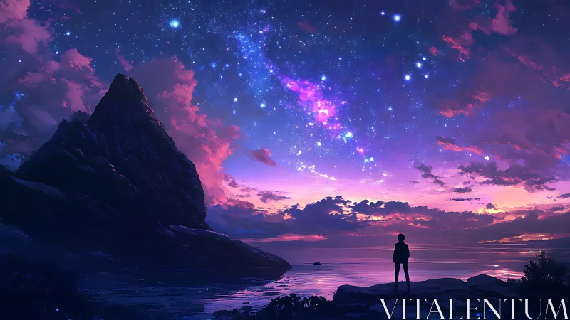 Celestial shoreline vista with silhouetted figure in digital painting.
