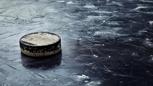 Weathered hockey puck resting on scarred outdoor ice surface.
