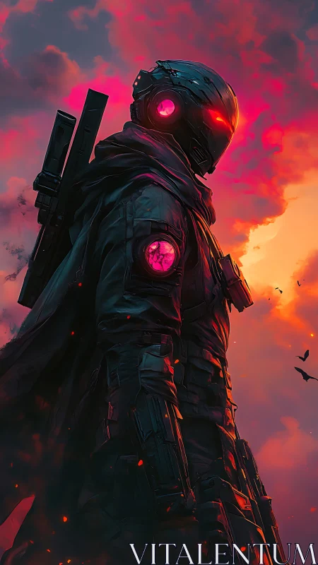 Cyberpunk sentinel in neon dusk with tactical armor design.