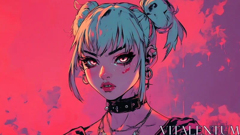 Neon cyberpunk girl portrait with intense glowing eyes.