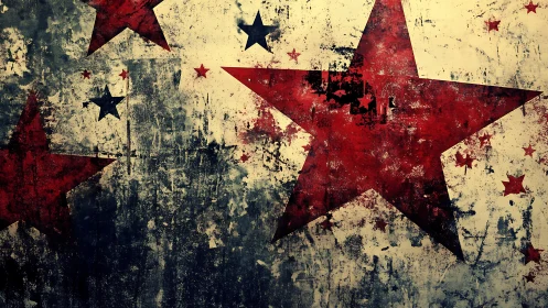Weathered red star graffiti spreads across distressed wall surface.