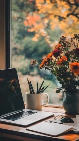 Cozy autumn desk overlooks a soft-focus garden view