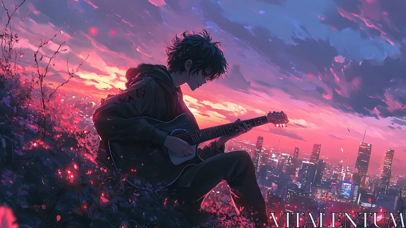 Teen guitarist overlooking glowing city at vivid sunset.