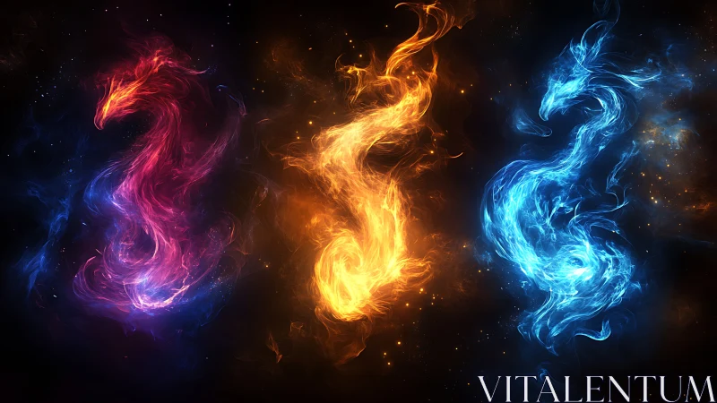 Elemental dragon wisps dancing in prismatic cosmic firestorm.